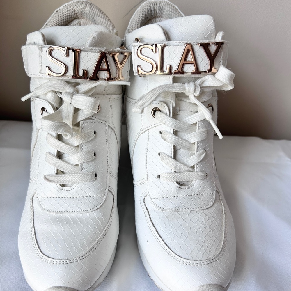 White Wedge Heeled Sneakers with Gold Accents